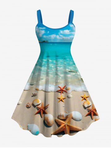 Plus Size Sea Beach Shell Print Backless A Line Tank Dress