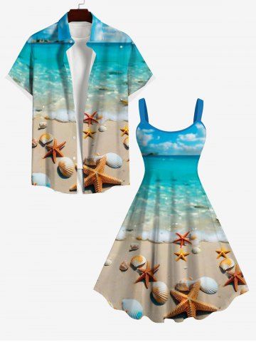 Beach Shell Print Backless Dress and Button Pocket Shirt Plus Size Matching Hawaii Beach Outfit - MULTI-A