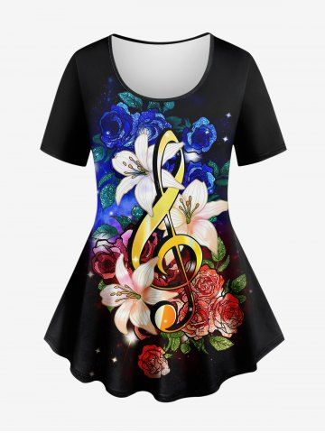 Plus Size Lily Rose Flower Music Symbol Galaxy Print T-shirt - BLACK - S
