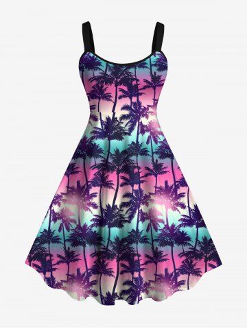 Plus Size Coconut Tree Ombre Galaxy Print Backless A Line Tank Dress