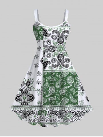 Plus Size Paisley Floral Geometric Plaid Print Backless A Line Tank Dress - WHITE - M