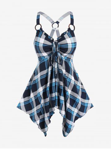 Plus Size Checked Rings Frilled Cinched Handkerchief Hem Tank Top - BLUE - 2X | US 18-20