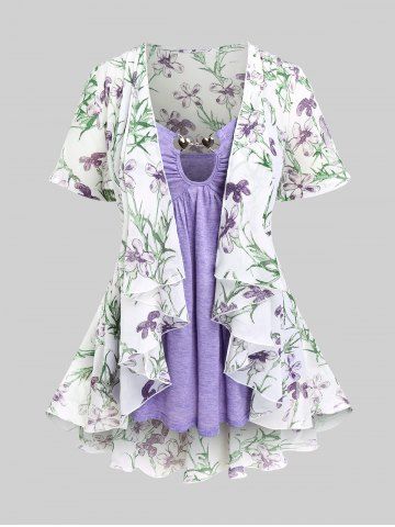 Plus Size Metal Decor Cami Top and Lace Panel Floral Chiffon Draped Ruffle Kimono Set - LIGHT PURPLE - M | US 10
