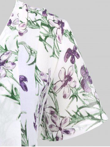 Plus Size Metal Decor Cami Top and Lace Panel Floral Chiffon Draped Ruffle Kimono Set