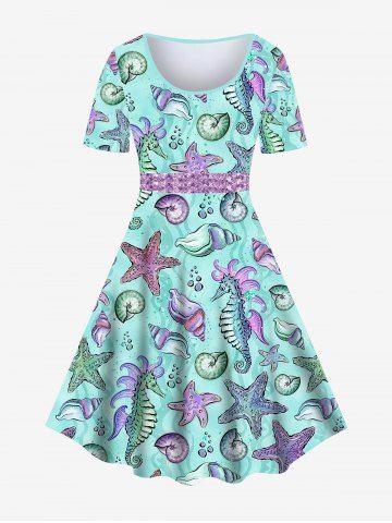 Hawaii Plus Size Marine Life Sparkling Sequin Belt 3D Print Vintage Dress - LIGHT BLUE - XS