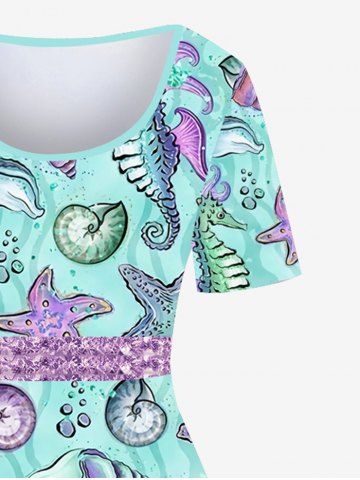 Hawaii Plus Size Marine Life Sparkling Sequin Belt 3D Print Vintage Dress