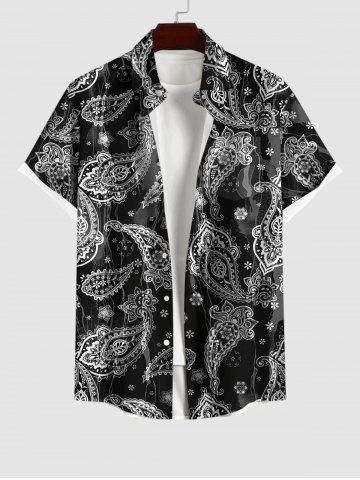 Hawaii Men's Turn-down Collar Paisley Floral Print Button Pocket Shirt - BLACK - XL