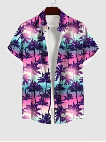 Hawaii Men's Turn-down Collar Coconut Tree Ombre Galaxy Print Button Pocket Shirt