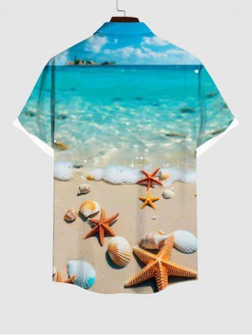 Hawaii Plus Size Turn-down Collar Sea Creatures Beach Shell Print Button Pocket Shirt For Men