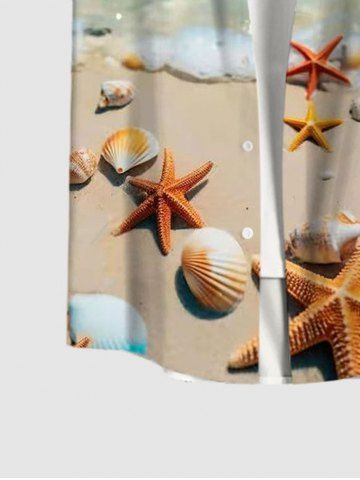 Hawaii Plus Size Turn-down Collar Sea Creatures Beach Shell Print Button Pocket Shirt For Men