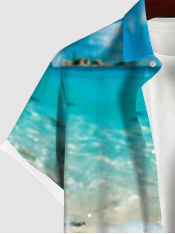 Hawaii Plus Size Turn-down Collar Sea Creatures Beach Shell Print Button Pocket Shirt For Men