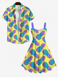 Pineapple Pin Dot Print Backless Dress and Button Pocket Shirt Plus Size Matching Hawaii Beach Outfit for Couples -  