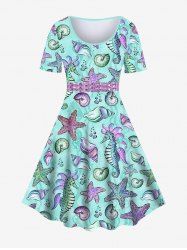 Hawaii Plus Size Marine Life Sparkling Sequin Belt 3D Print Vintage Dress -  