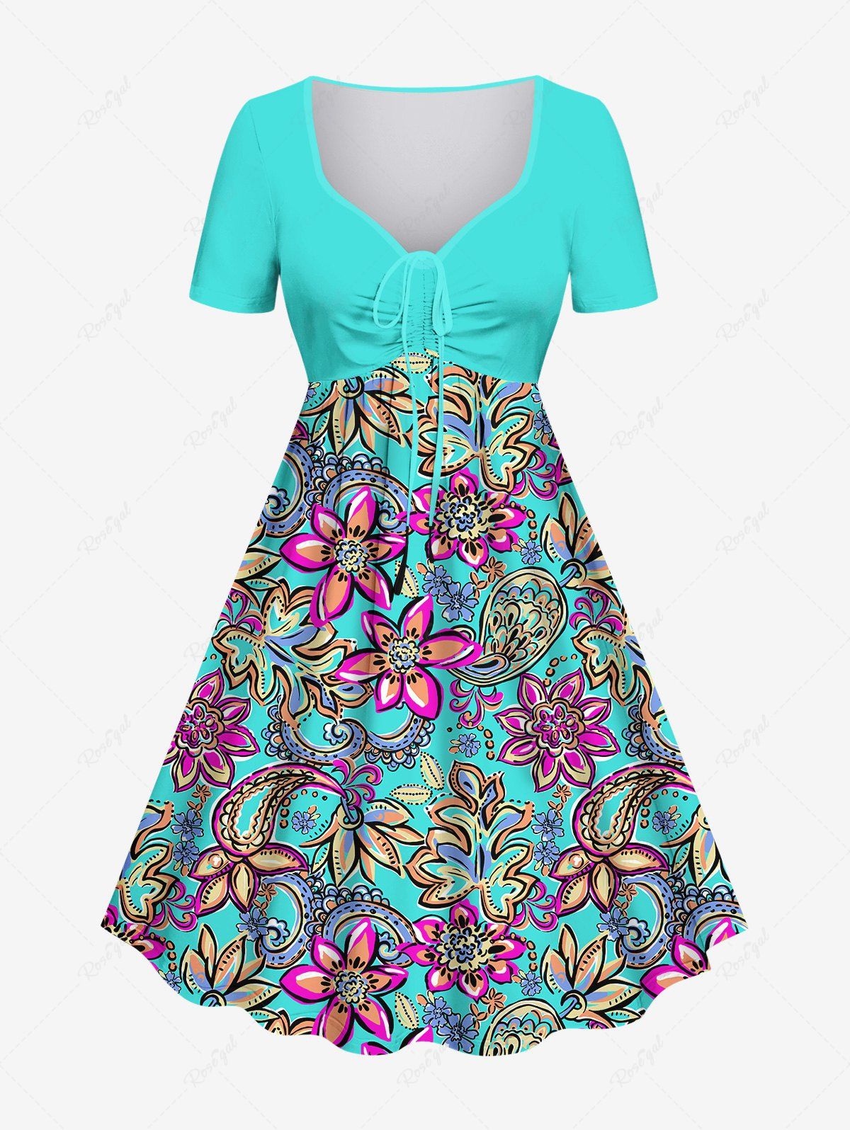 Discount Hawaii Plus Size Floral Paisley Print Cinched A Line Dress  