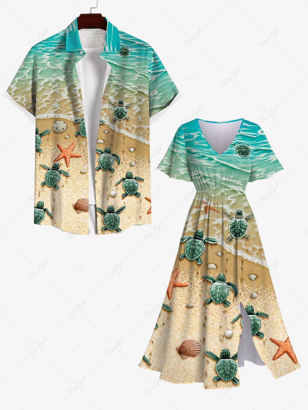 Hot Vacation Style Sea Creatures Beach Starfish Turtle Shell Print Plus Size Hawaii Beach Outfit for Couples  