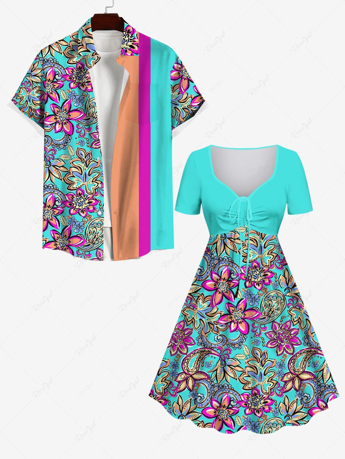 Trendy Floral Paisley Print Cinched Dress and Striped Button Pocket Shirt Plus Size Hawaii Beach Outfit for Couples  
