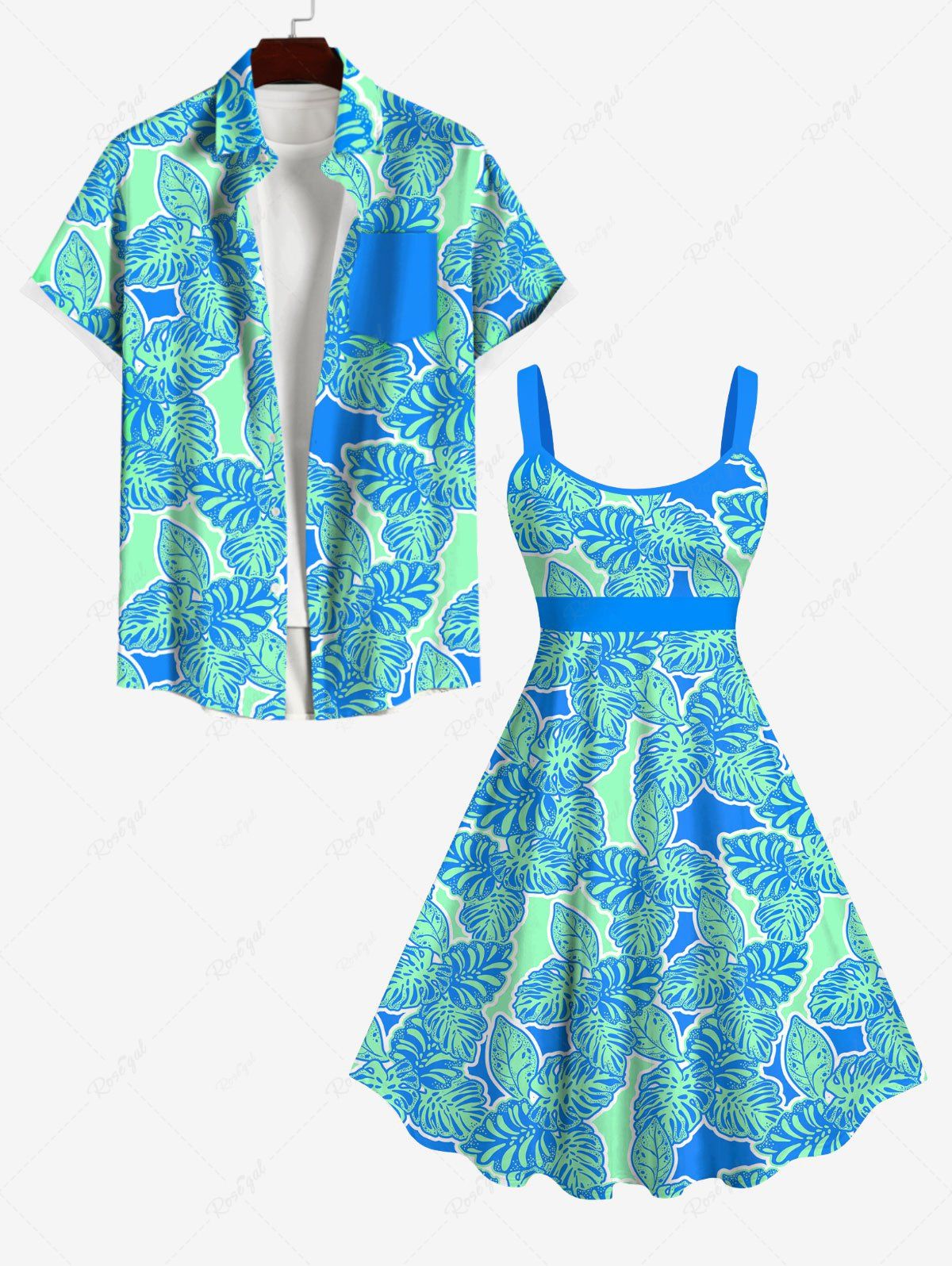 Buy Coconut Tree Leaf Print Backless Tank Dress and Button Pocket Shirt Plus Size Hawaii Beach Outfit for Couples  
