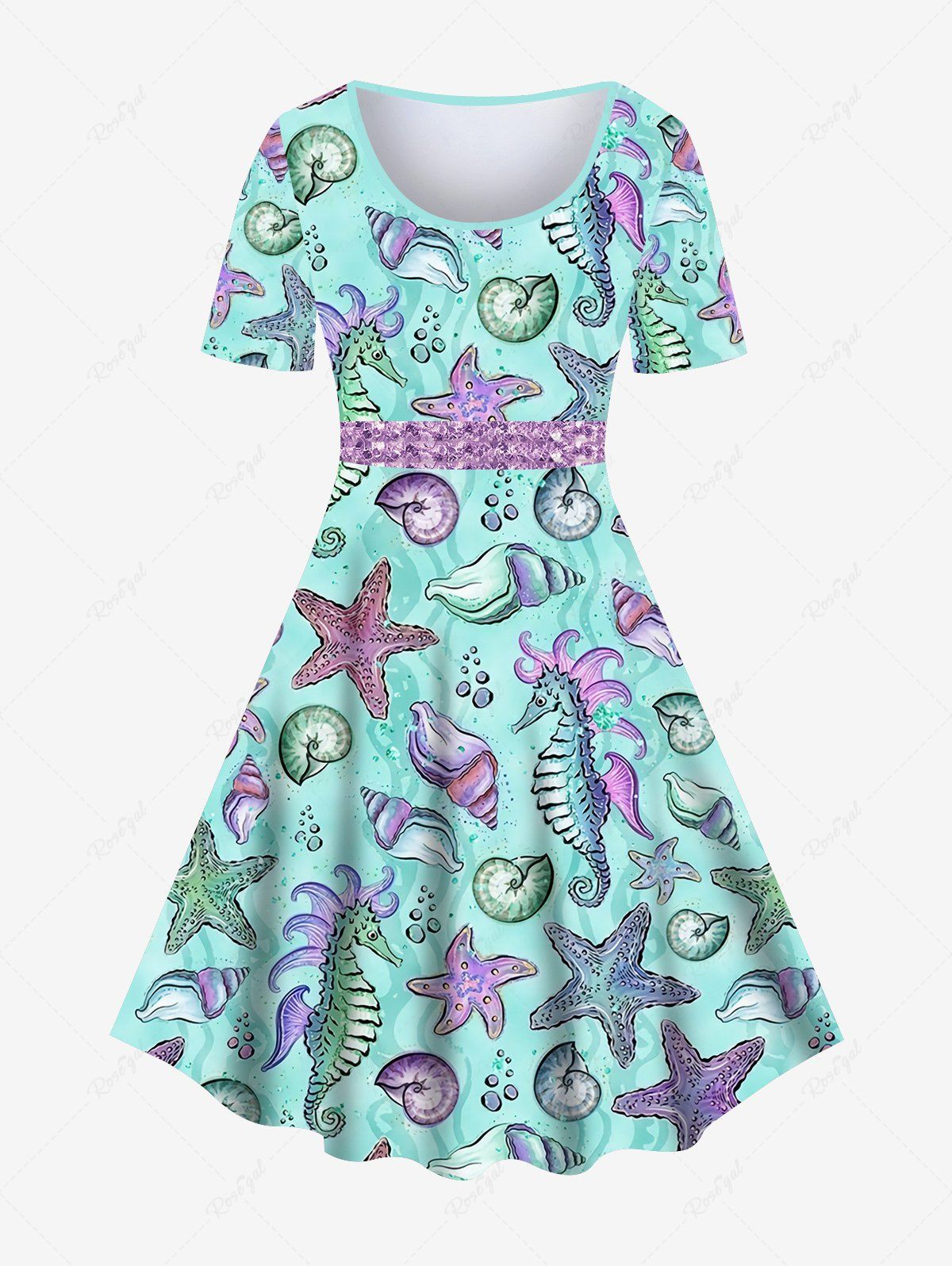 Unique Hawaii Plus Size Marine Life Sparkling Sequin Belt 3D Print Vintage Dress  