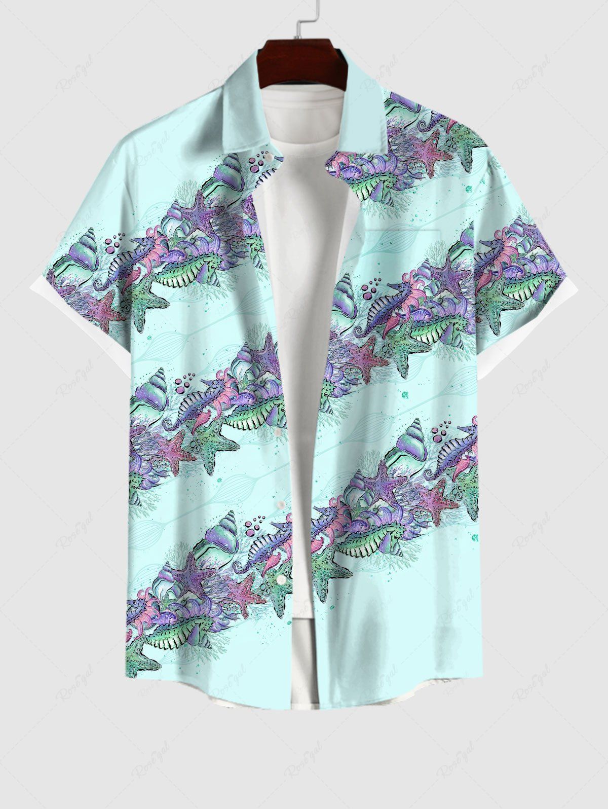 Hawaii Plus Size Marine Life Print Buttons Pocket Shirt For Men Bleu clair 4XL