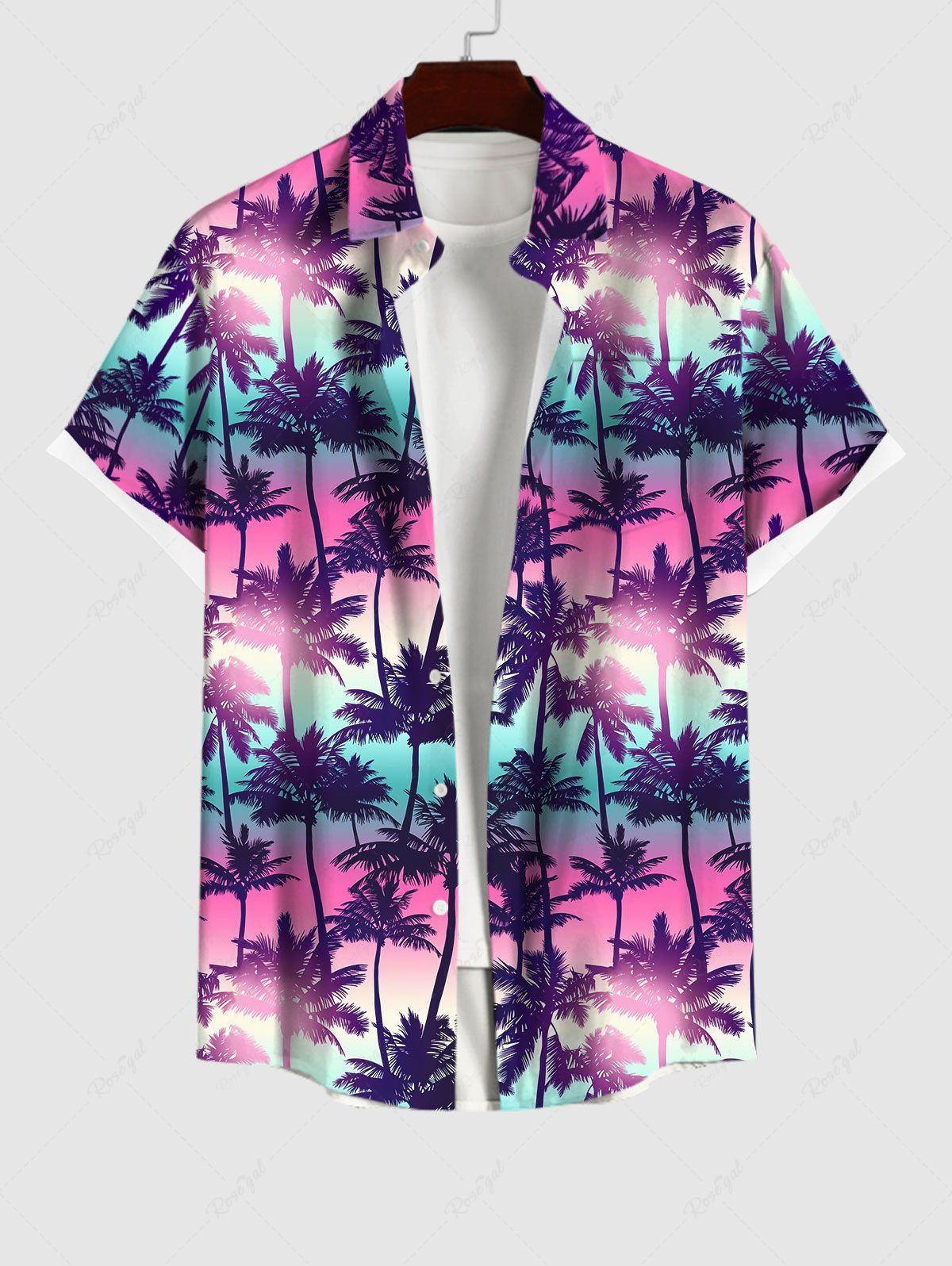Hawaii Men's Turn-down Collar Coconut Tree Ombre Galaxy Print Button Pocket Shirt Multi-A L