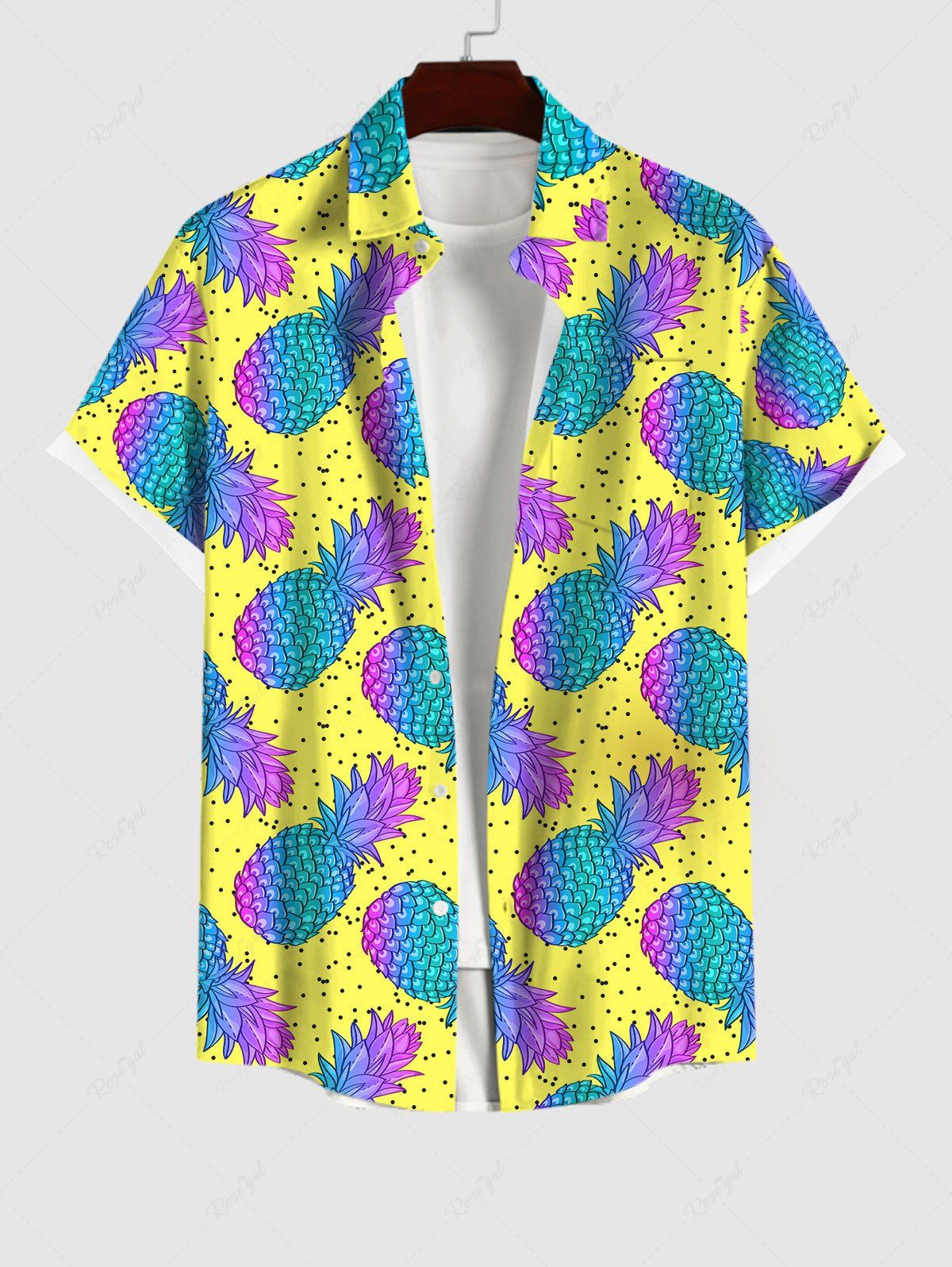 Outfit Hawaii Plus Size Turn-down Collar Pineapple Pin Dot Print Button Pocket Shirt For Men  