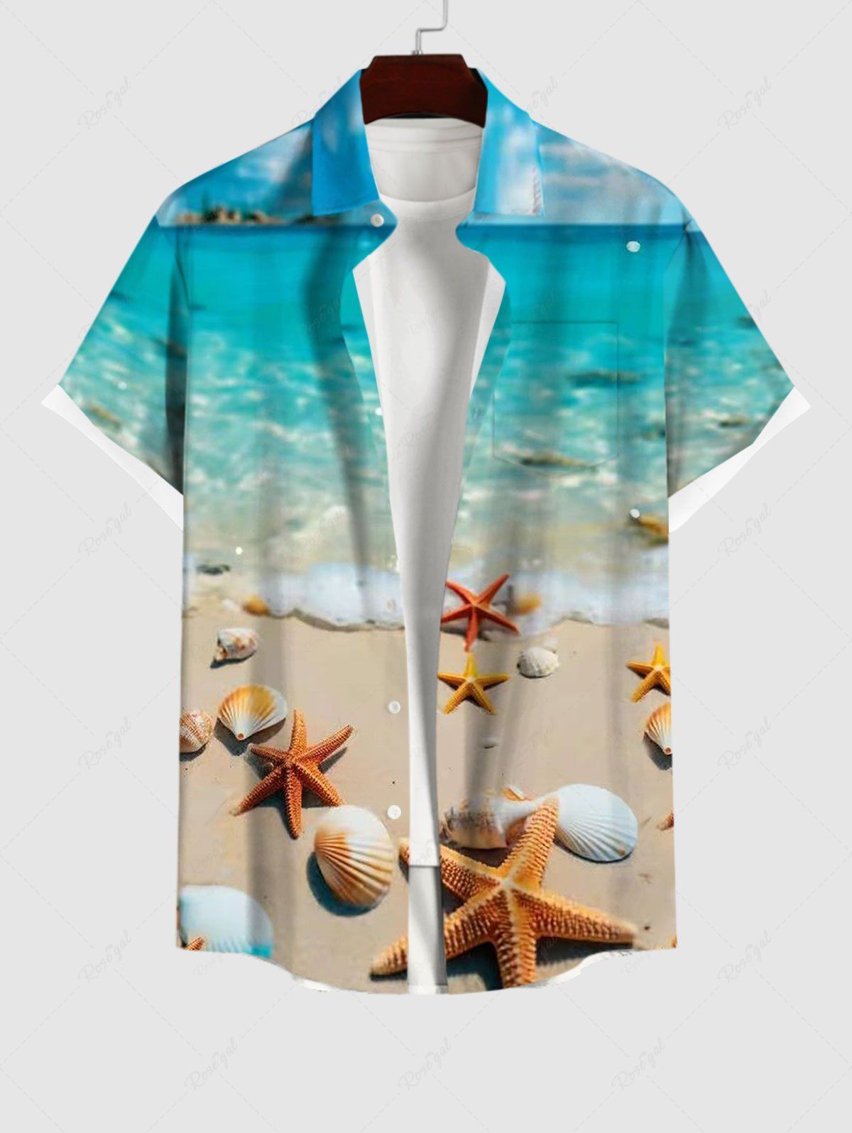 Sale Hawaii Plus Size Turn-down Collar Sea Creatures Beach Shell Print Button Pocket Shirt For Men  