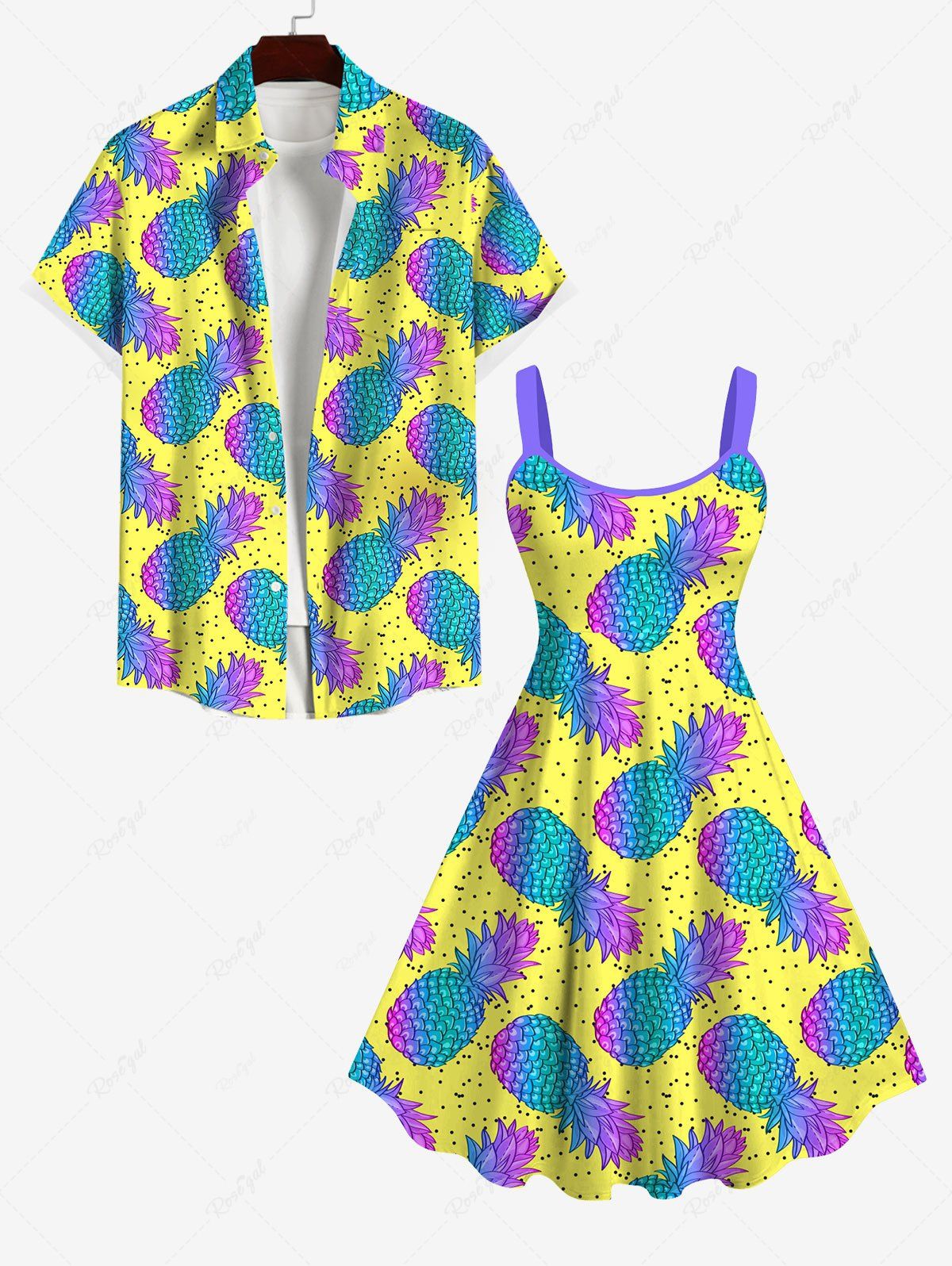 Sale Pineapple Pin Dot Print Backless Dress and Button Pocket Shirt Plus Size Matching Hawaii Beach Outfit for Couples  