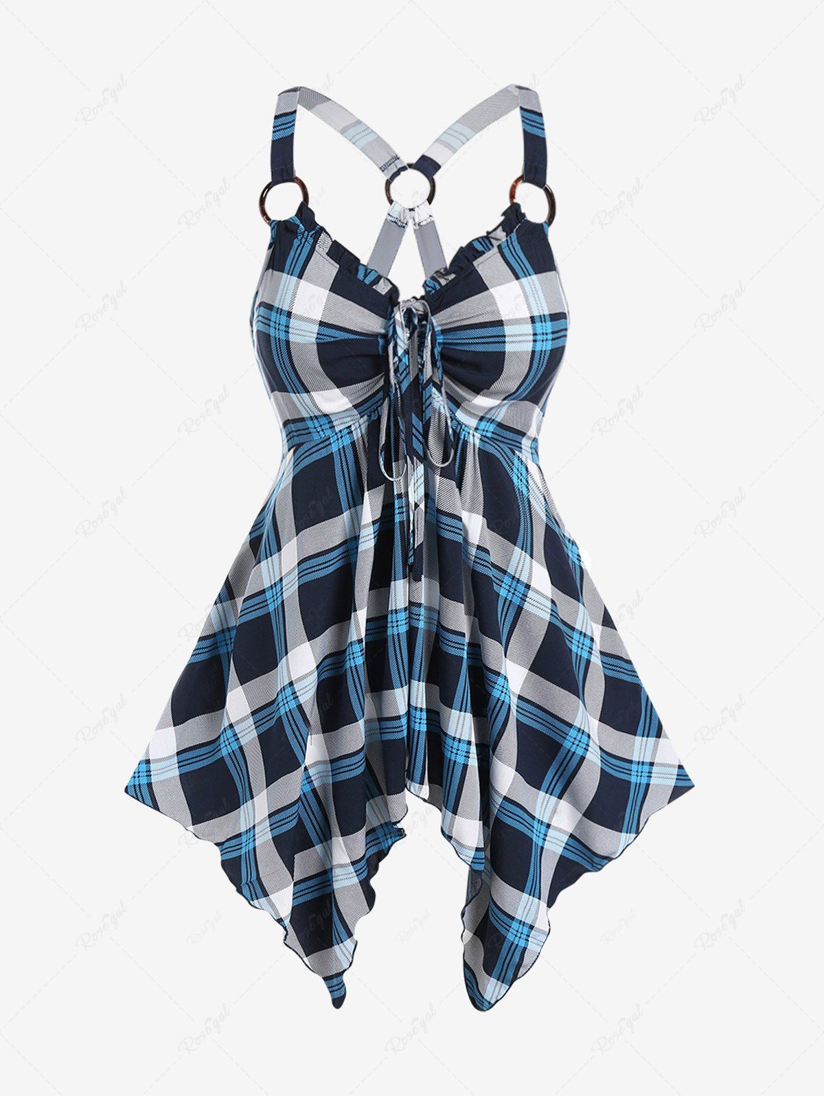Buy Plus Size Checked Rings Frilled Cinched Handkerchief Hem Tank Top  