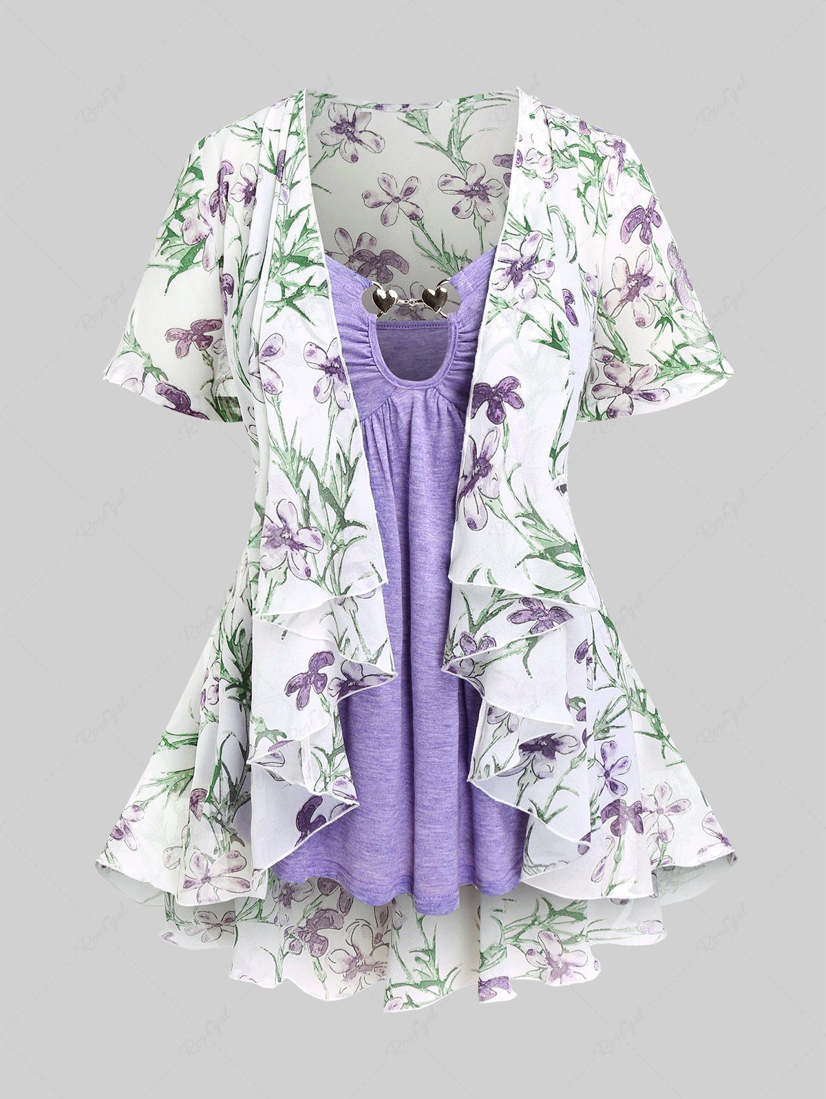 Online Plus Size Metal Decor Cami Top and Lace Panel Floral Chiffon Draped Ruffle Kimono Set  