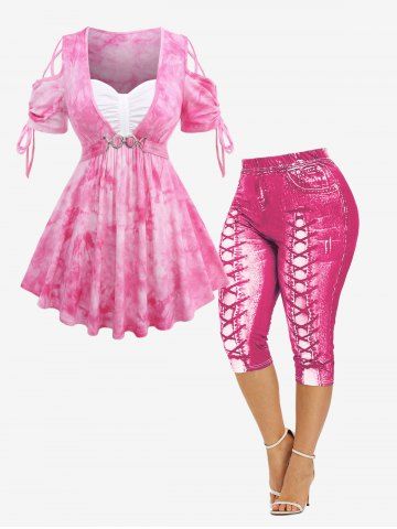 Tie Dye Printed Buckle Ruched Braided Cinched Ribbed Textured 2 In 1 Top and 3D Lace Up Jean Print Capri Leggings Plus Size Outfit - LIGHT PINK