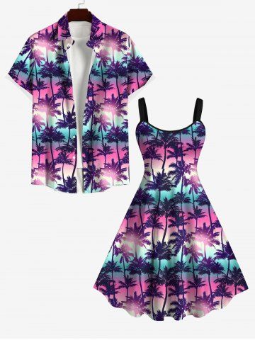 Coconut Tree Ombre Galaxy Printed Plus Size Matching Hawaii Beach Outfit for Couples