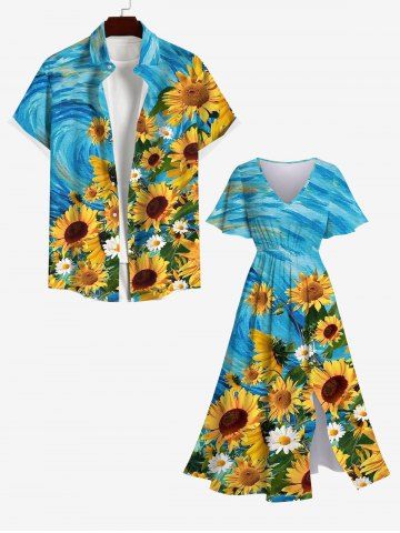 Sunflower Daisy Painting Print Split Pocket Dress and Button Shirt Plus Size Matching Hawaii Beach Outfit - BLUE