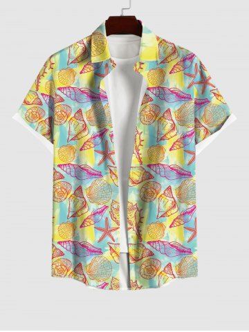 Plus Size Shell Conch Starfish Colorblock Print Buttons Pocket Shirt For Men