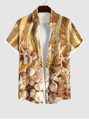 Hawaii Plus Size Beach Shell Starfish Conch Glitter 3D Print Buttons Pocket Shirt For Men - COFFEE - S