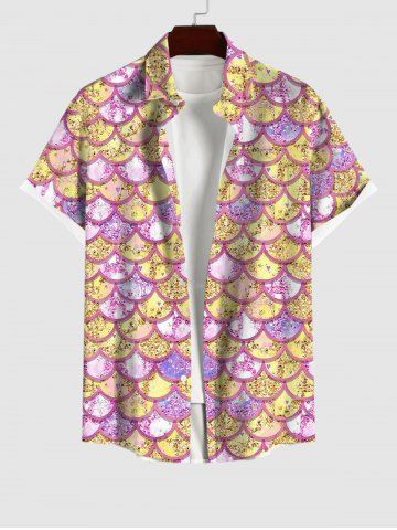 Hawaii Plus Size Mermaid Fish Scale Sparkling Sequin 3D Print Buttons Pocket Shirt For Men - LIGHT PINK - S
