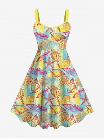 Hawaii Plus Size Shell Conch Starfish Colorblock Print Tank Dress - YELLOW - XS