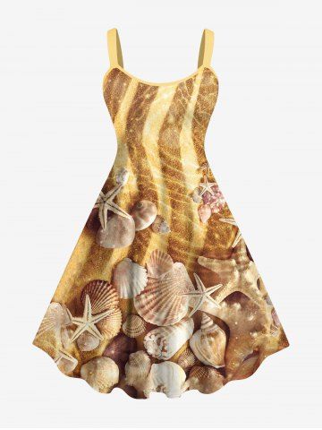 Plus Size Beach Shell Starfish Conch Glitter 3D Print Tank Dress - COFFEE - 4X