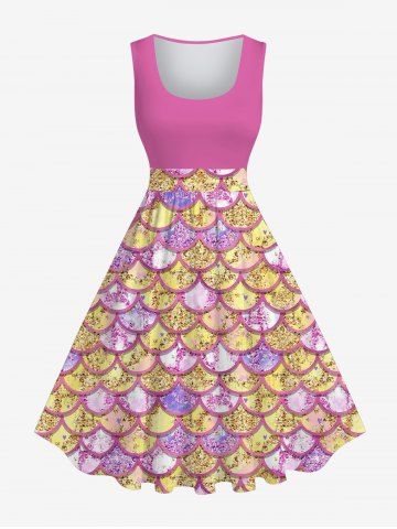 Robe Vintage Brillante 3D Ecaille de Sirène Imprimée de Grande Taille à Paillettes - LIGHT PINK - M