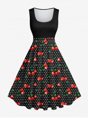 1950s Plus Size Cherry Polka Dots Print Vintage Dress - BLACK - S