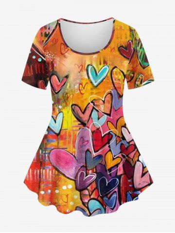 Plus Size Heart Graffiti Colorblock Print T-shirt - ORANGE - XS