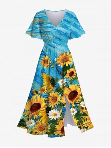 Hawaii Plus Size Sunflower Daisy Painting Print Split Pocket A Line Dress - MULTI-A - XS