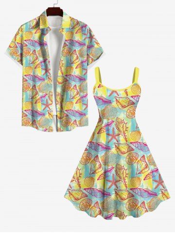 Shell Conch Starfish Colorblock Print Plus Size Matching Hawaii Beach Outfit - YELLOW
