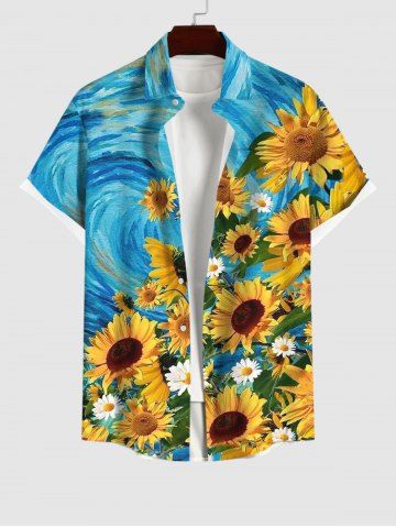 Plus Size Turn-down Collar Sunflower Daisy Painting Print Pocket Button Shirt For Men - BLUE - XS