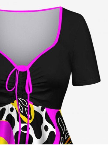 Hawaii Plus Size Eye Striped Dalmatian Dot Snake Leaf Print Cinched A Line Dress
