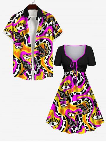 Hawaii Plus Size Eye Striped Dalmatian Dot Snake Leaf Print Cinched A Line Dress