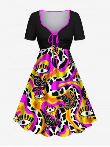 Plus Size Eye Striped Dalmatian Dot Snake Leaf Print Cinched A Line Dress - MULTI-A - 6X