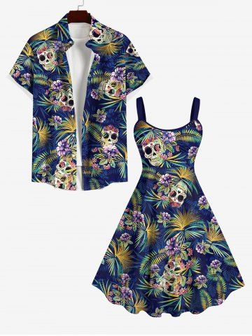 Skulls Coconut Tree Leaf Flower Print Backless Dress and Button Shirt Plus Size Matching Hawaii Beach Outfit for Couples - DEEP BLUE