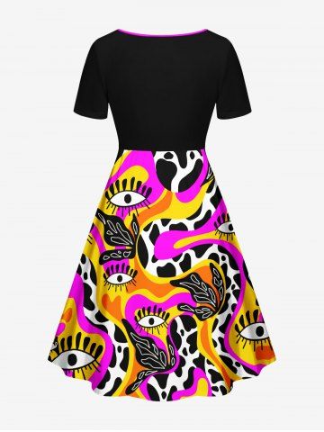 Hawaii Plus Size Eye Striped Dalmatian Dot Snake Leaf Print Cinched A Line Dress