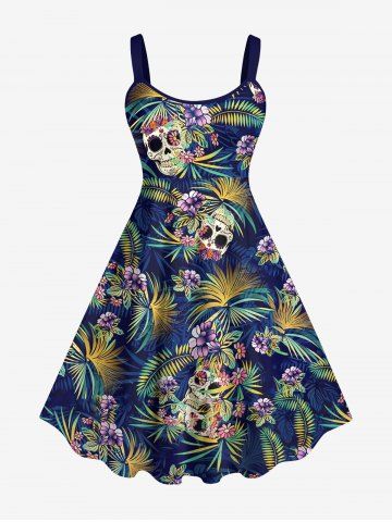 Plus Size Skulls Coconut Tree Leaf Flower Print Backless A Line Tank Dress - DEEP BLUE - XS