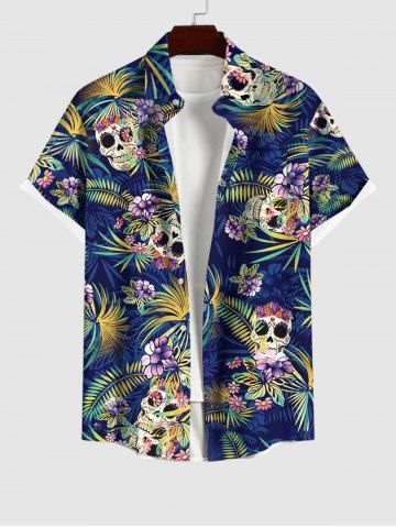 Plus Size Turn-down Collar Skulls Coconut Tree Leaf Flower Print Button Pocket Shirt For Men - DEEP BLUE - S